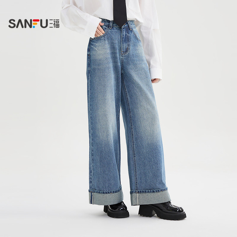 三福牛仔裤2025新款秋季复古宽松阔腿裤翻边脚口长裤子女装506041,女装/女士精品,牛仔裤,淘宝优惠券,粉丝福利购,淘宝优惠卷