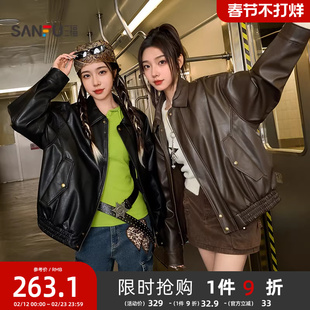 三福皮衣夹克2026新款春季时尚复古宽松翻领黑色外套女装846474