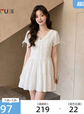 三福连衣裙2026夏季木耳边绑带泡泡袖V领花边裙子女装525813