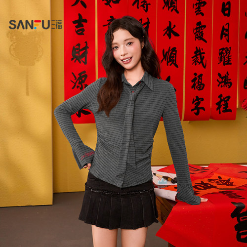 三福长袖T恤2026新款春季刺绣喇叭袖领带翻领条纹上衣女装517469