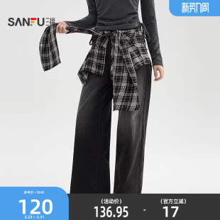 2025新款 女装 冬季 黑色长裤 514726 可拆卸搭片阔腿裤 三福加厚牛仔裤