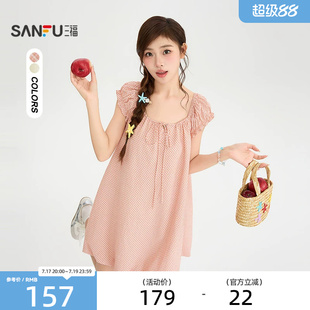 三福连衣裙2026夏季绑带领口木耳边袖格子娃娃裙女装526963