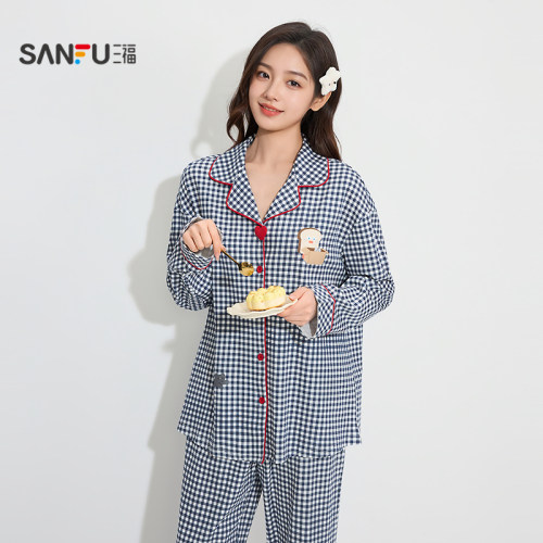 三福【BRUNCH BROTHER联名】女可爱格纹排扣宽松家居服套装512946