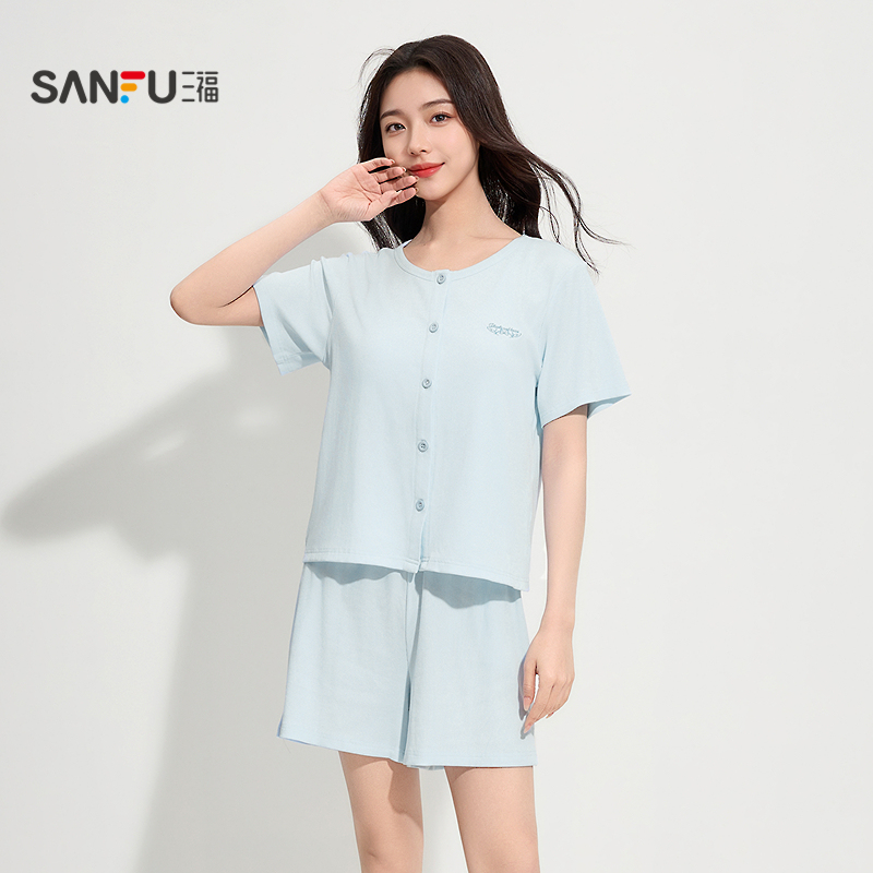 三福士女夏季优可丝带杯睡衣三件套简约外穿抗菌吊带短袖家居服女
