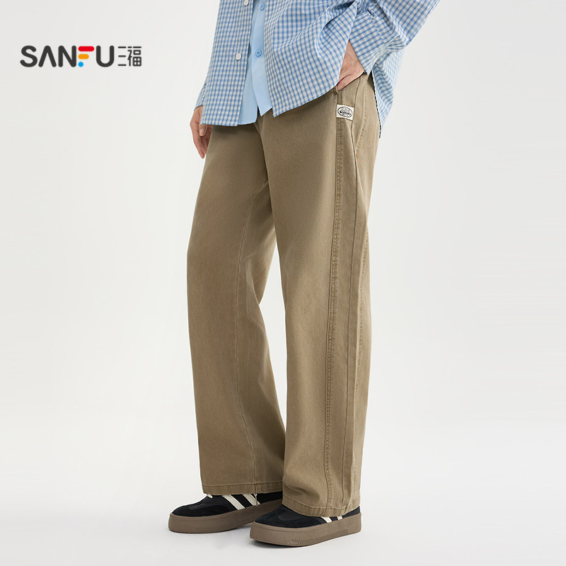 三福2025秋冬男士棉布休闲裤 美式宽松直筒裤橡筋腰裤子506138