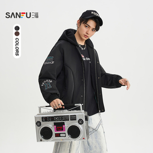 三福2025冬季男士复古美式刺绣羽绒服 潮流短款带帽外套513528