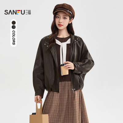 三福皮衣外套2025新款冬季复古宽松加绒保暖软皮衣夹克女装513300