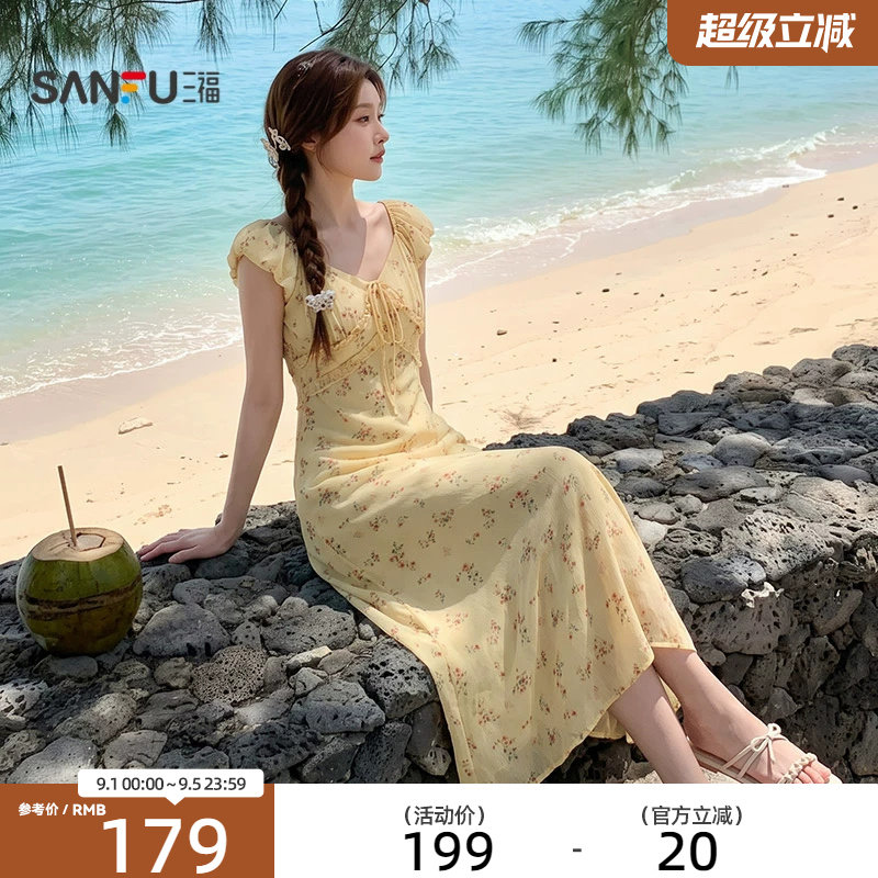 三福连衣裙2026夏季绑带装饰V领木耳花边收腰长裙女装527172