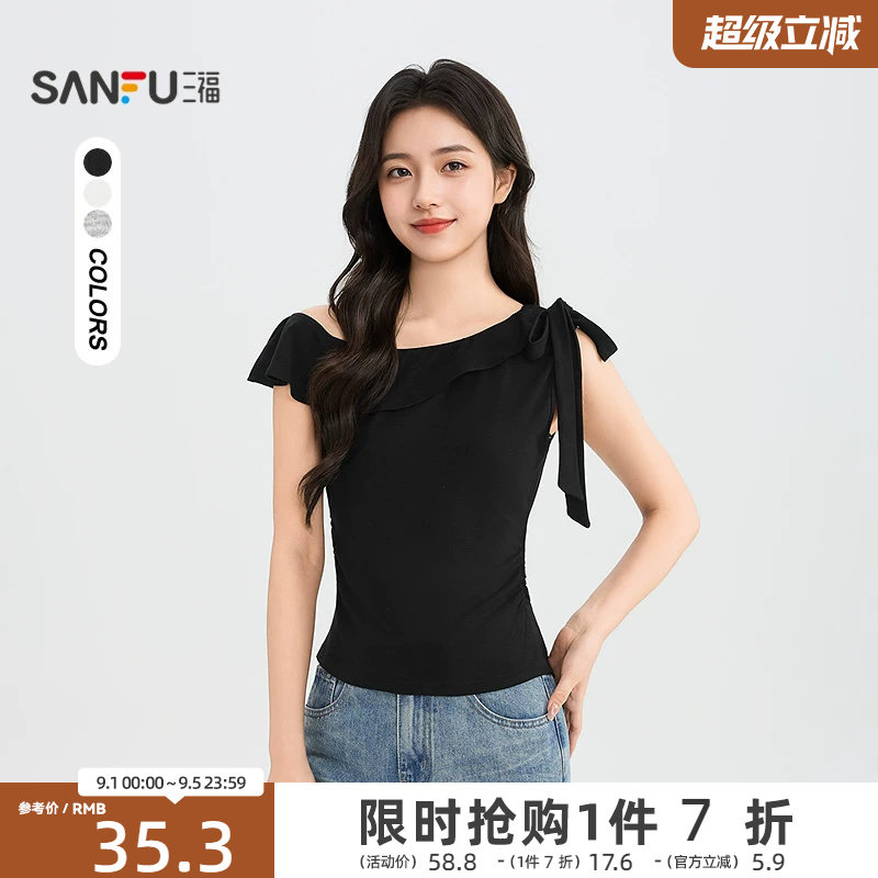 三福女短T恤2026夏季新款气质斜肩绑带褶皱收修身短袖上衣女装图片