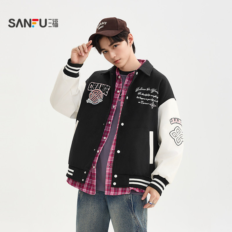 三福2025冬季男士撞色毛巾绣棒球服棉衣街潮翻领棉服外套510162
