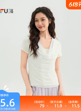 三福荡领短袖女2026新款夏季都市网纱拼接白色t恤上衣女装521423