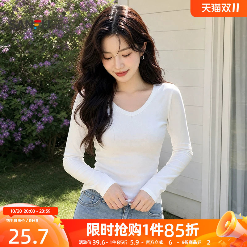 三福女长T恤2026秋季新款气质简约V领修身下摆时尚加厚上衣女