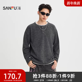 街头落肩假两件时尚 亨利领长T恤 上衣514227 男士 三福2025冬季