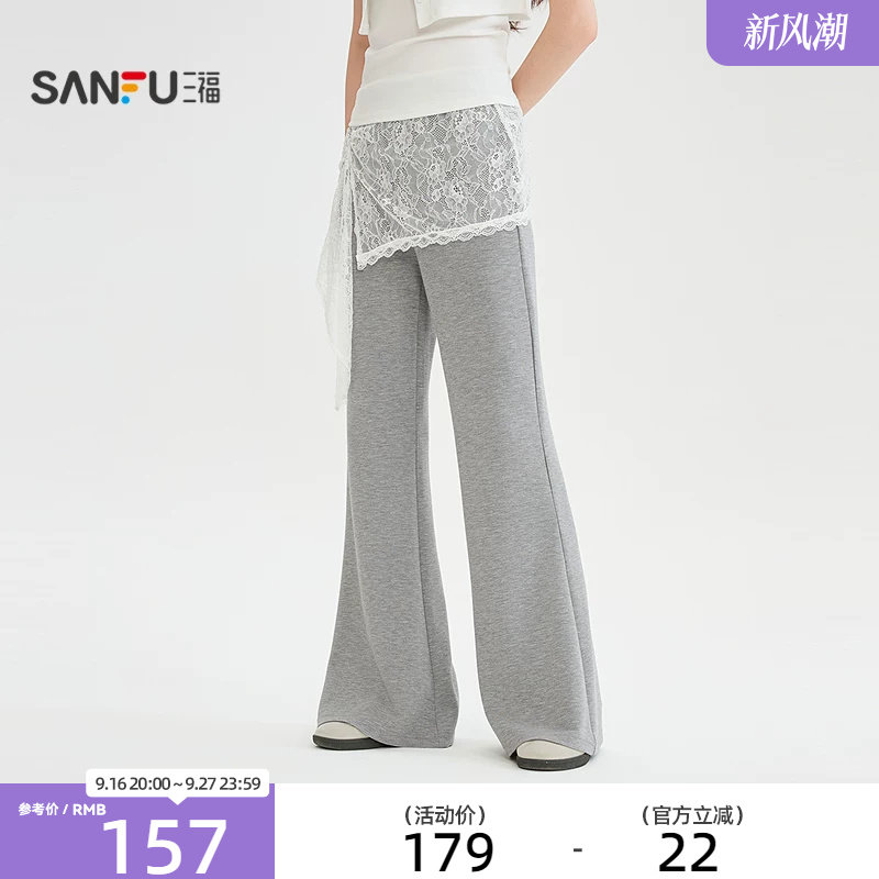 三福休闲裤2026夏季蕾丝荷叶边屁帘松紧腰喇叭长裤女装526584图片