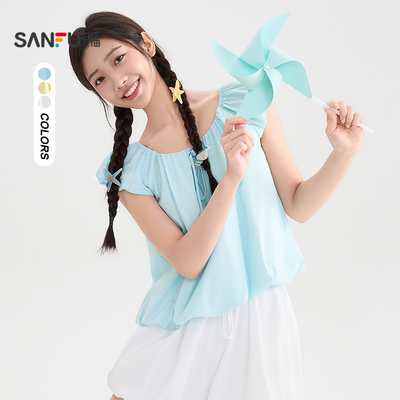 三福短袖衬衫女2025新款夏季时尚圆领露背兜摆短款上衣女装503871