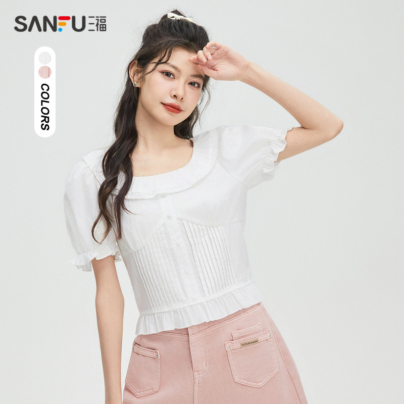 三福短袖衬衫2023新款夏季蕾丝白色衬衣泡泡袖纯棉上衣女装472324