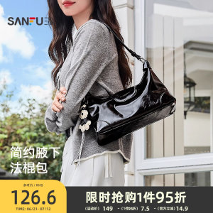 三福官方旗舰店三福腋下包包女黑色单肩包法棍包夏季挎包新款女式2025超火通勤包