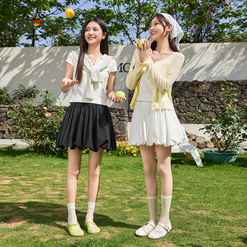 三福短裙2026新款夏季甜美白色花苞摆宽松蓬蓬半身裙子女装498364