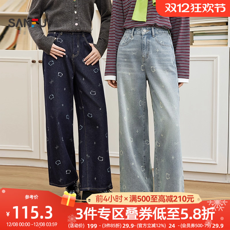 三福牛仔裤2025新款秋季时尚小猫印花宽松直筒阔腿裤子女装504793