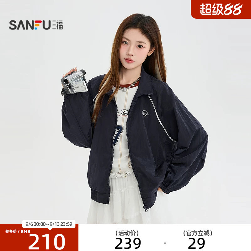 三福单外套2026秋季杠条花边刺绣插肩袖翻领风衣女装862241