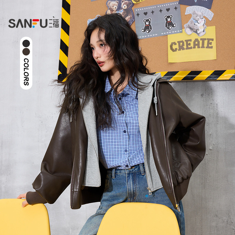 三福厚外套2026新款春季时尚假两件宽松连帽PU皮衣夹克女装515342