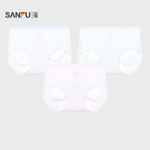 三福女中腰包臀内裤 渐变腰头印花格纹随意裁无痕半平角裤497778