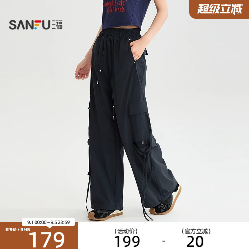 三福休闲裤2026夏季绑带口袋拼蕾丝松紧腰工装裤子女装528993图片