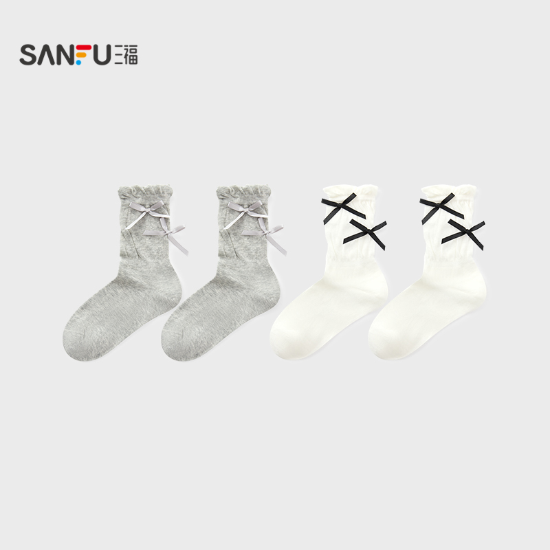三福 女短筒袜单双装 甜系双蝴蝶结柔软透气女袜袜子844323