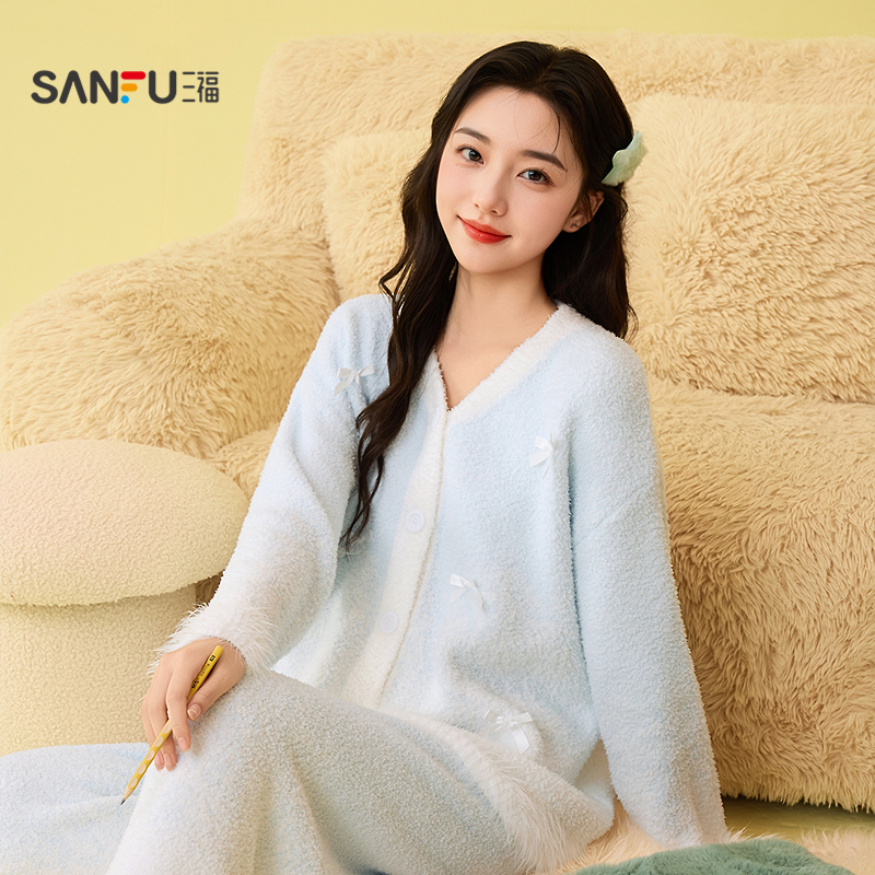 三福女冬季柔软半边绒蝴蝶结渐变睡衣套装 甜美宽松家居服507912