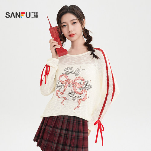 三福毛衣女2025新款秋季蝴蝶结绑带袖宽松薄款罩衫上衣女装508856