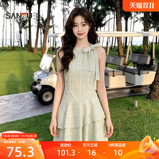 三福女装连衣裙2026夏季新款不规则下摆蝴蝶结绑带领口裙子女装