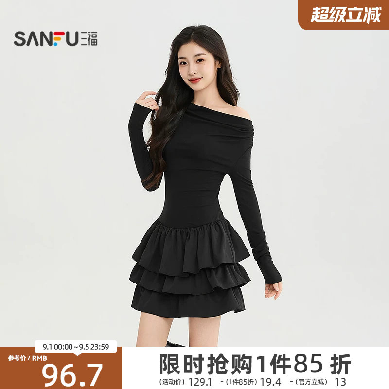 三福女连衣裙2026秋季新款气质收腰A摆蛋糕半裙时尚短款裙子女装图片