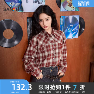 饰翻领衬衣宽松休闲上衣女装 珠珠装 515256 2026春新款 三福格子衬衫