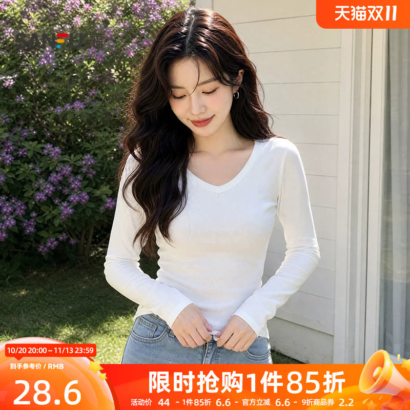 三福女长T恤2026秋季新款气质简约V领修身下摆时尚加厚上衣女
