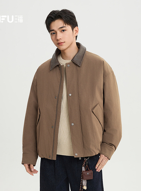 三福2025冬季男士拼接PU皮翻领短款羽绒服 下摆收口外套514634