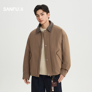 三福2025冬季男士拼接PU皮翻领短款羽绒服 下摆收口外套514634