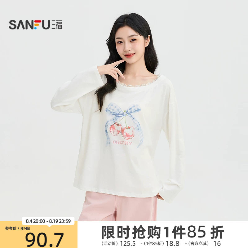 三福女长T恤2026秋季新款休闲樱桃图案蕾丝斜肩时尚休闲上衣女装