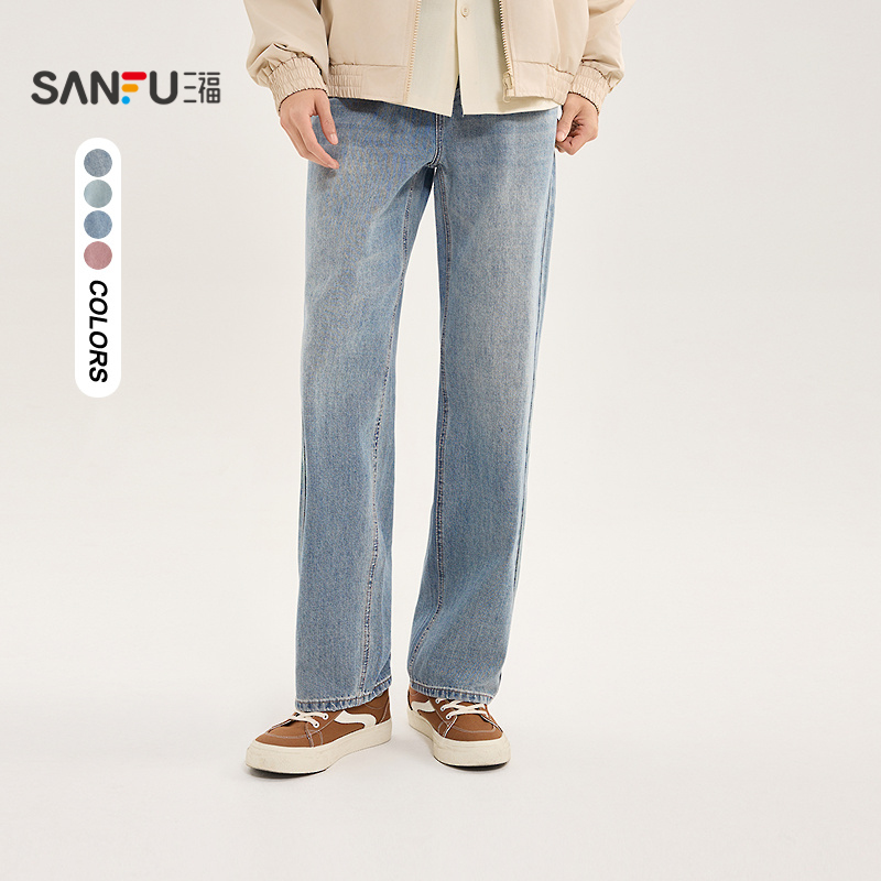 三福2025夏季新款牛仔裤男纯色直筒休闲运动宽松长裤裤子男498510