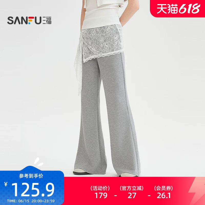 三福休闲裤2026夏季蕾丝荷叶边屁帘松紧腰喇叭长裤女装526584
