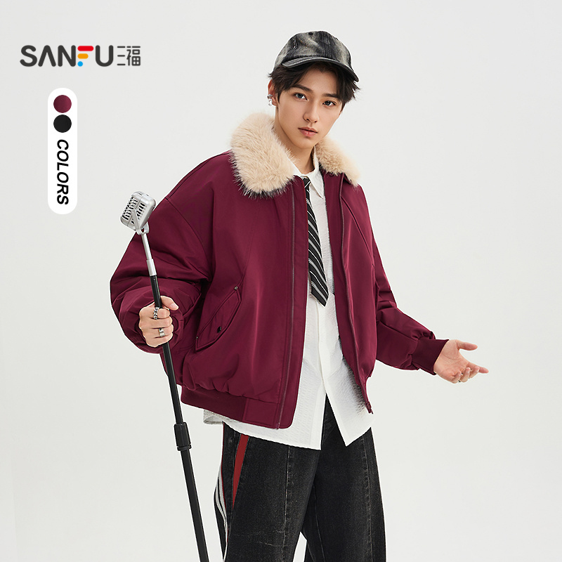 三福2025冬季男士毛领飞行员棉衣 街头潮酷翻领棉服外套511834
