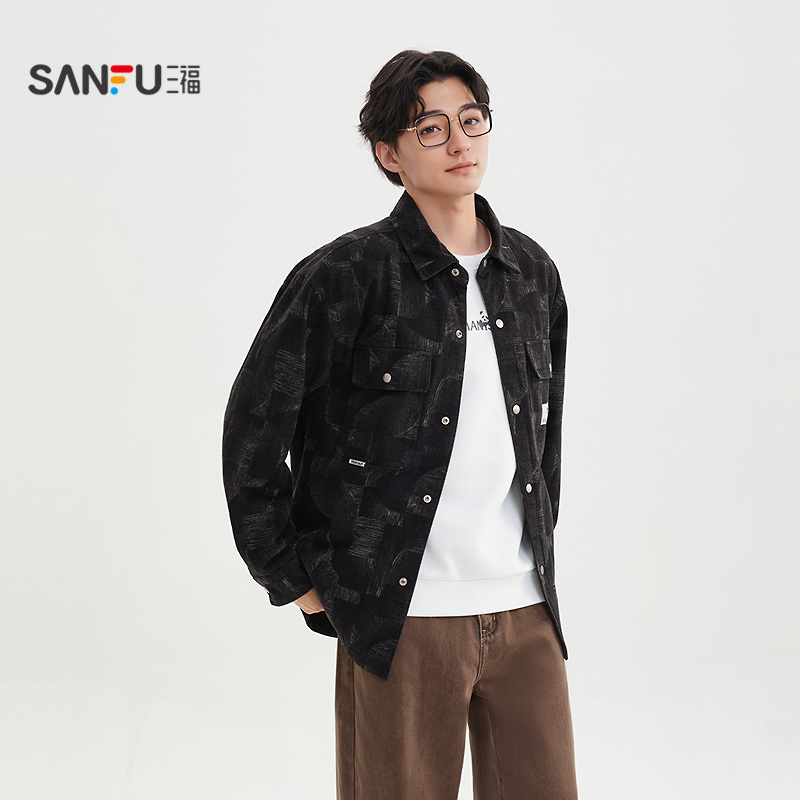 三福2025冬季男士仿毛提花工装外套 口袋织唛衬衫领上衣512324