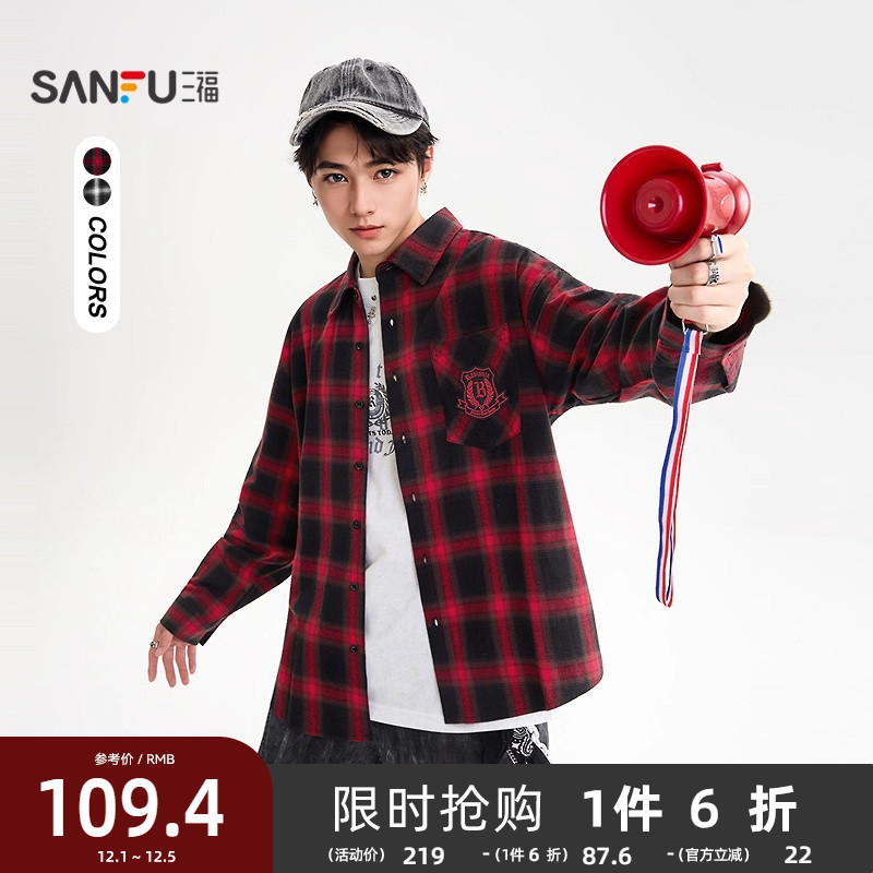 三福2025秋冬新款衬衫男长袖哥特字母格子街潮翻领宽松衬衣505299