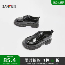 三福女乐福鞋秋季智性学院风漆皮系带增高厚底圆头女鞋845984