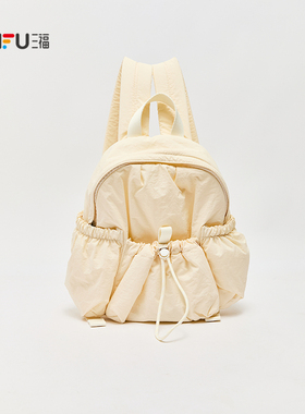 三福背包秋季学院运动风泡泡云朵抽绳束口双肩包女包506825