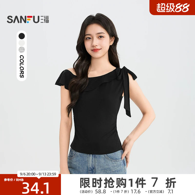 三福女短T恤2026夏季新款气质斜肩绑带褶皱收修身短袖上衣女装图片