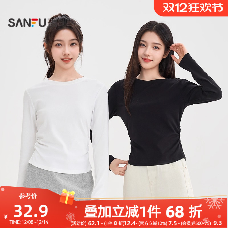 三福长袖T恤女2025新款秋季收腰显瘦打底衫圆领休闲纯色上衣女装