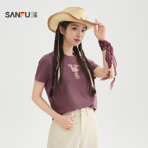 三福短袖T恤女2026新款夏季猫咪印花英文珠绣宽松上衣女装520320