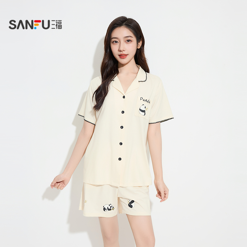 #三福女秋季柔软透气开扣套装 简约熊猫图案宽松家居服女503371