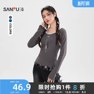 街潮撞色圆领印花内搭上衣女装 春季 515740 T恤女2026新款 三福长袖