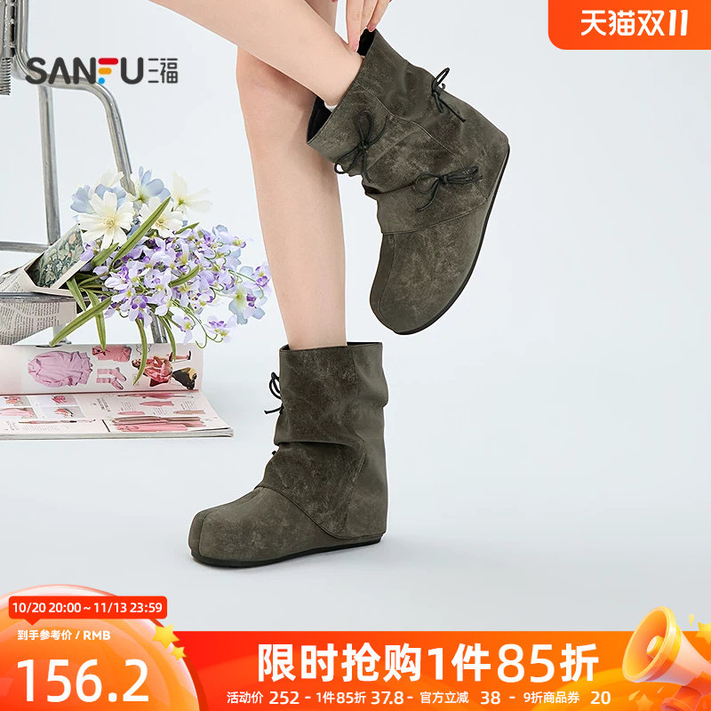 三福女靴鞋复古废土风蝴蝶结圆头勃肯鞋时尚休闲女鞋863215